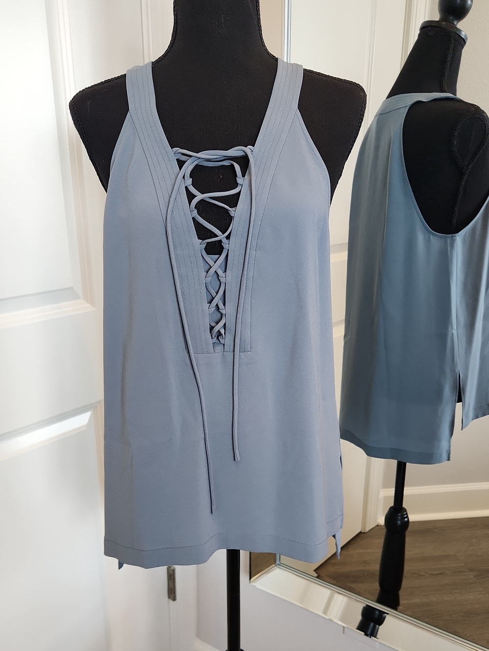 BCBGMaxAzria Light Blue Lace-Up V-Neck Tank